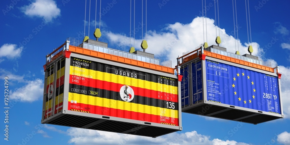 Shipping containers with flags of Uganda and European Union - 3D illustration Shipping containers with flags of Uganda and European Union - 3D illustration