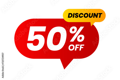 Discounts 50 percent off. Red and yellow template on white background. Vector illustration