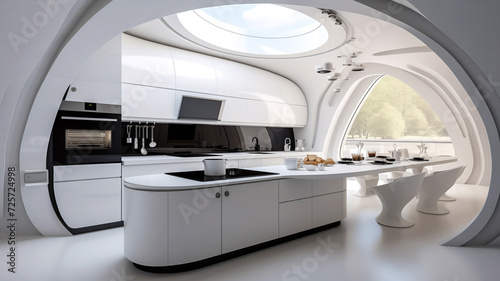 Ideas and reference for modern kitchen interior design. Bright space. Project, presentation and advertising of a stylish kitchen. Beautiful location. Space, futuristic style of the future. © Denflow