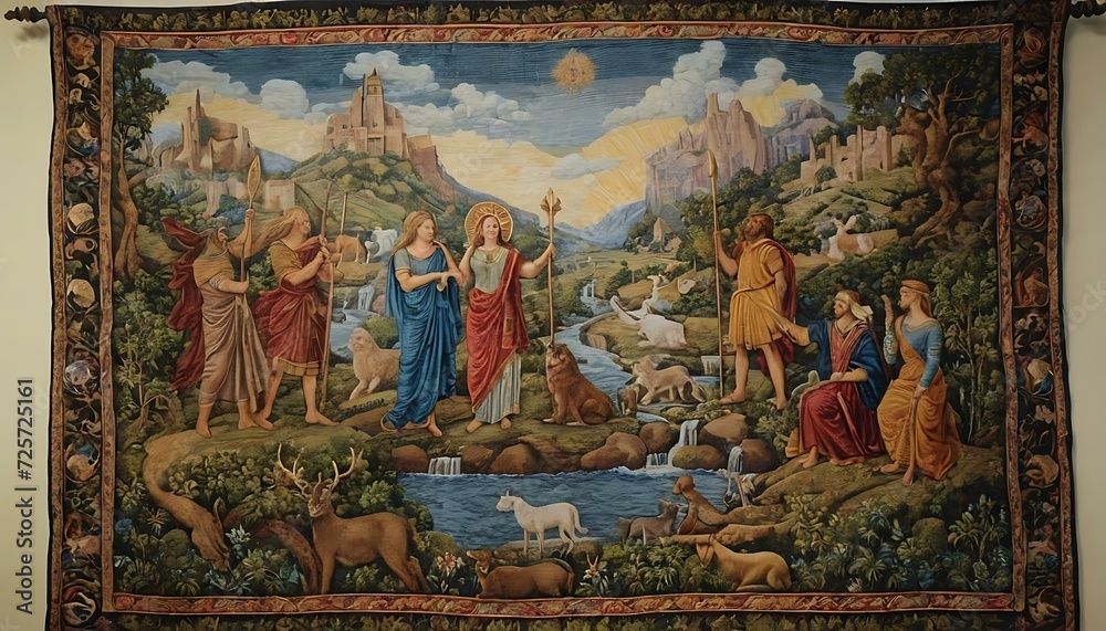 A handwoven tapestry, depicting scenes of myth and legend, hanging on a stone wall