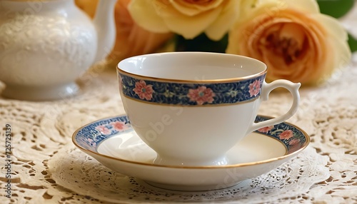 A delicate porcelain teacup  adorned with intricate floral patterns  on a lace tablecloth