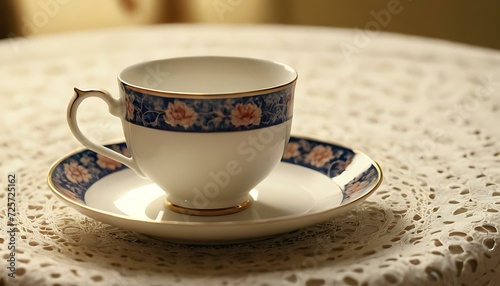 A delicate porcelain teacup  adorned with intricate floral patterns  on a lace tablecloth
