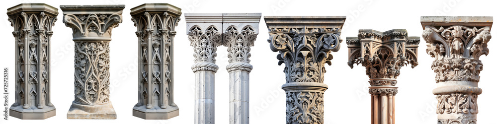 Antique Gothic Column set. beautifully ornate gothic pillar. fantasy element. isolated on white background or transparent background. png cutout - obrazy, fototapety, plakaty 