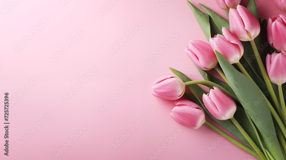 Kwiatowe różowe minimalistyczne tło na życzenia z okazji Dnia Kobiet, Dnia Matki, Dnia Babci, Urodzin czy pierwszego dnia wiosny. Szablon na baner lub mockup z ściętymi tulipanami - obrazy, fototapety, plakaty 