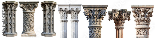 Antique Gothic Column set. beautifully ornate gothic pillar. fantasy element. isolated on white background or transparent background. png cutout photo