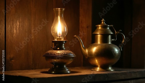 A brass oil lamp, casting a warm glow in a dimly lit room, on a weathered wooden shelf