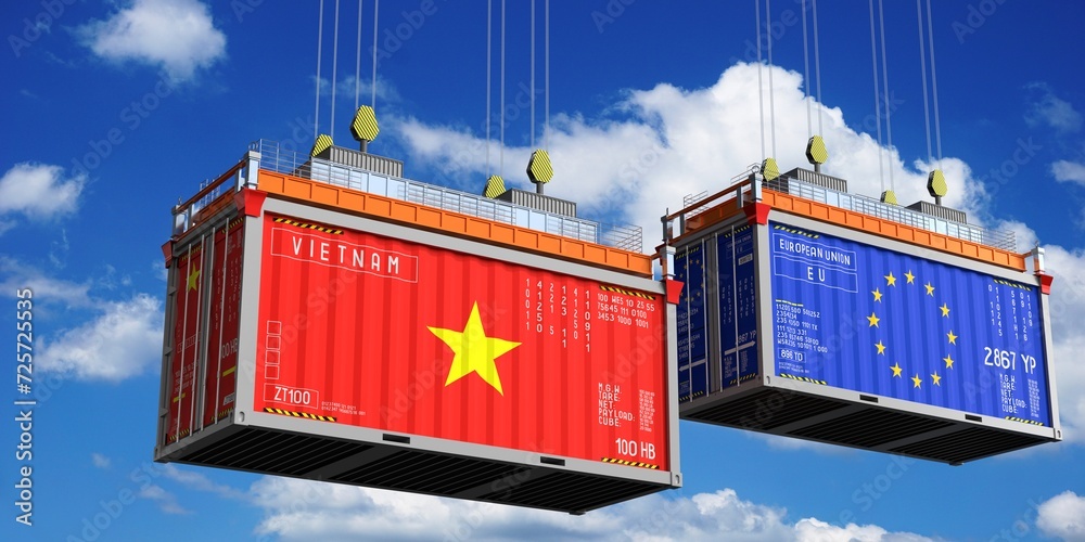 Shipping containers with flags of Vietnam and European Union - 3D illustration
