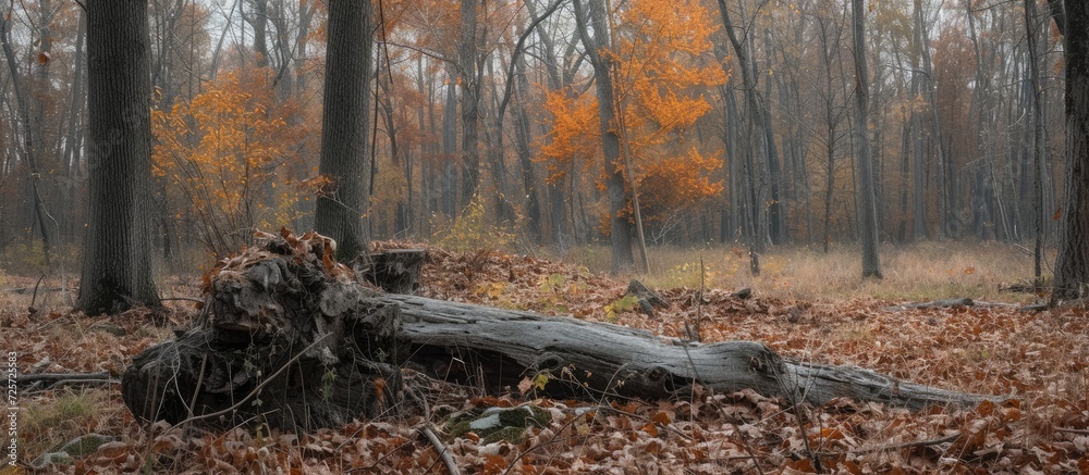 Obraz premium Autumn forest work involves removing decayed wood before winter.