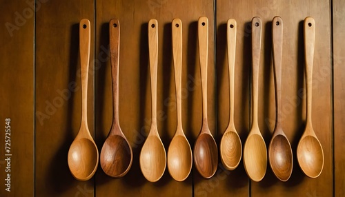 A set of hand-carved wooden spoons, each one unique, hanging on a kitchen wall