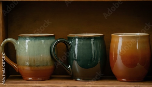 A set of handcrafted pottery mugs, each one glazed with earthy tones, on a wooden shelf