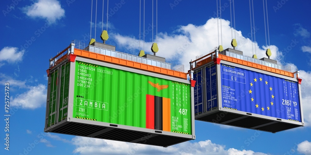 Shipping containers with flags of Zambia and European Union - 3D illustration