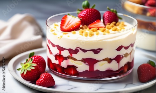 Berry dessert, cheesecake, trifle, mouse in a glass.. Dessert in glasses with fresh strawberries, whipped cream and biscuit. romentic Healthy food, vegan food. sugar, gluten and lactose free homemad. photo