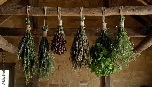 A bundle of dried herbs, hanging from a rustic wooden beam, in a farmhouse kitchen © Hans