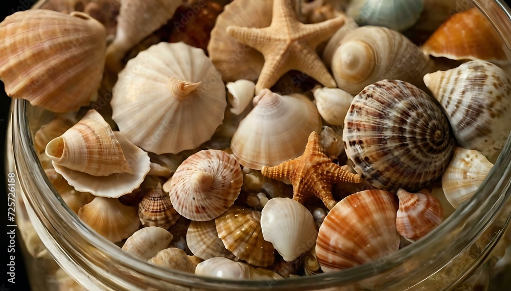 A collection of seashells, gathered from distant shores, displayed in a glass jar