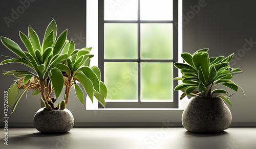 Lichter Raum mit Sprossenfenster und zwei Topfpflanzen photo