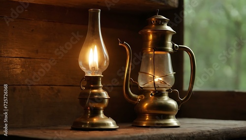 A brass oil lamp, casting a warm glow in a dimly lit room, on a weathered wooden shelf