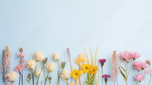 Kwiatowe błękitne minimalistyczne tło na życzenia z okazji Dnia Kobiet, Dnia Matki, Dnia Babci, Urodzin czy pierwszego dnia wiosny. Szablon na baner lub mockup.