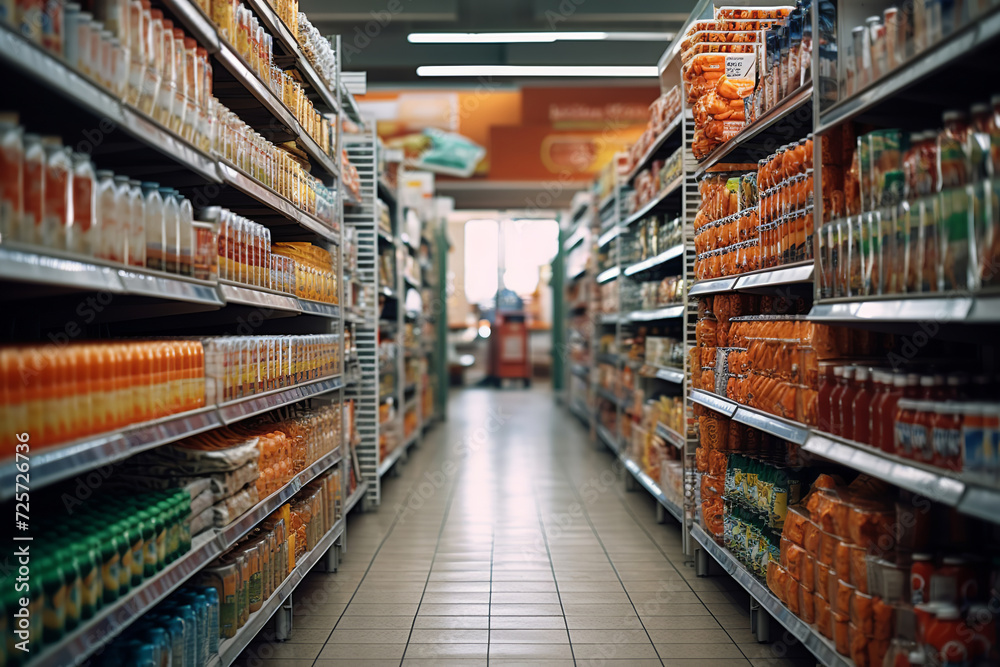 Supermarket aisle and shelves blurred background Supermarket aisle and shelves blurred background