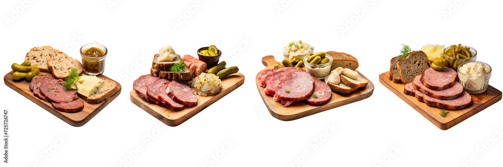 Set of front view of Leverkusen with slices of Bavarian meatloaf, mustard, and pickles, served on a German deli board, food on a Transparent Background