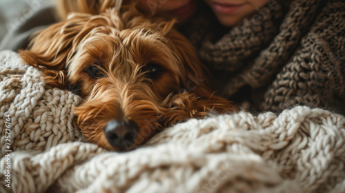 A peaceful dog sleeps snugly wrapped in a soft, fluffy blanket, embodying relaxation and comfort