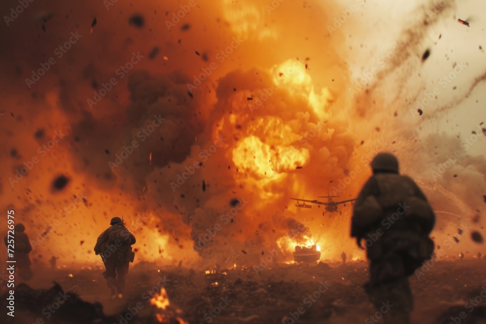 Fototapeta premium Group of soldiers walking in front of a massive explosion. Suitable for war, action, and military-themed projects