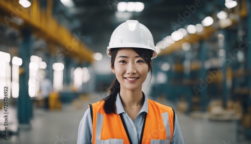 Portrait of a happy female asian factory worker wearing hard hat and work clothes © Adi