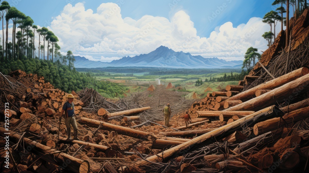 Illegal logging, felling of trees damages the forest environment, scattered pieces of wood and deforestation.