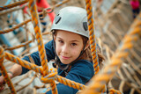 Teenage girl climbing on a playground. Elements of a rope town in the park. A rope town in the forest.