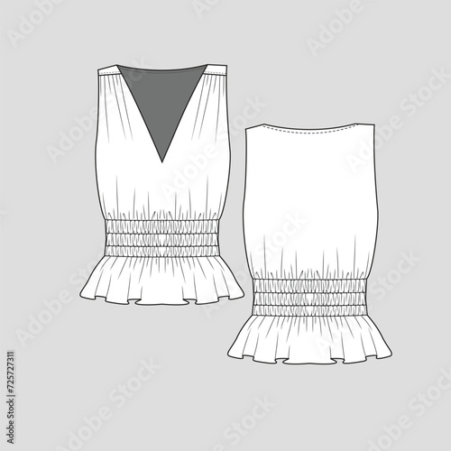 Sleeveless Smocking ruched shirred  top v neck shoulder gathering waist smocked gathering ruffles hem  fashion t shirt top blouse flat sketch technical drawing template design vector