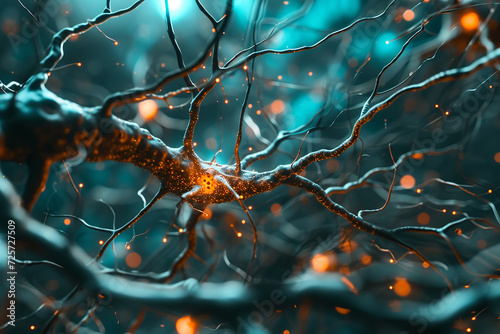 A close-up of a synapse firing, illustrating the transmission of signals between brain cells. Concept of neural communication. Abstract curly tendrils background