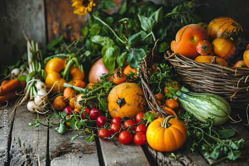 A rustic wooden table adorned with a variety of freshly picked fruits and vegetables. Thanksgiving pumpkins with fruits and falling leaves on rustic wooden table