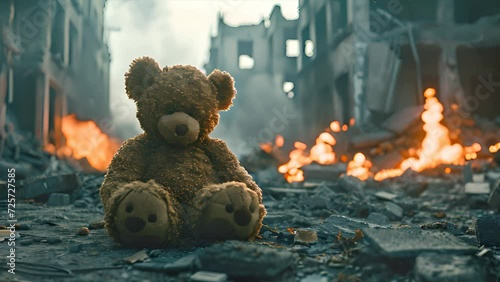 Old teddy bear laydown in The Middle of War Zone Deserted Demolished City Buildings Burning in the Background photo