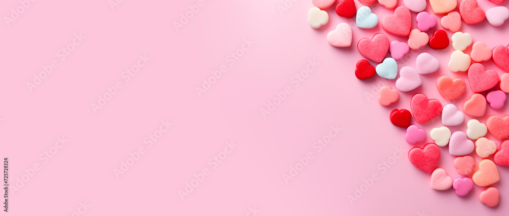 Heart shaped candies, flat lay, top view, empty space. Candies of different shapes on a pink background. Chewing gum for Valentine's Day Heart shaped candies, flat lay, top view, empty space. Candies of different shapes on a pink background. Chewing gum for Valentine's Day