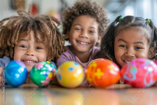 Energetic kids of various ethnicities after an Easter egg scavenger hunt.