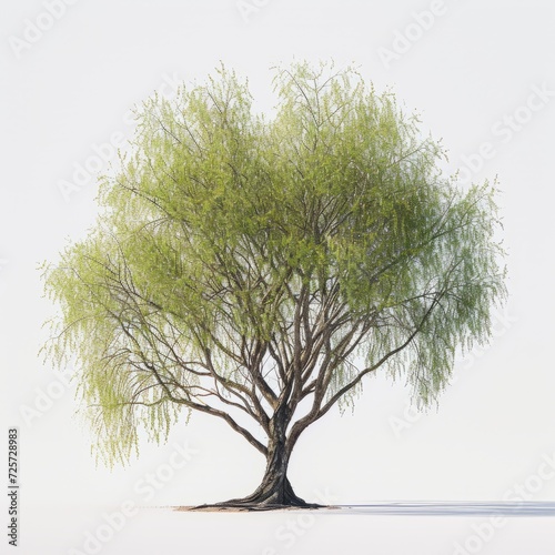 Elegant branches of Salix babylonica L. Weeping Willow tree on a clean white background. This image emphasizes the intricate details of the tree's leaves. Makes it possible to see unique species