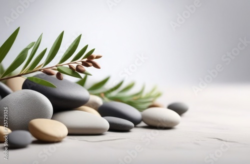 Branches and stones on a gray background on the left. Natural colors. Suitable for branding and cosmetics packaging. Front perspective copy space. Mockup image