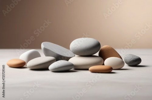 NBranches and stones on a beige background. Natural colors. Suitable for branding and cosmetics packaging. Front perspective copy space. Mockup image