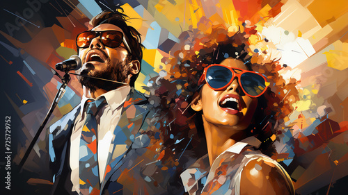 It captures a dynamic illustration of a male singer standing in front of a microphone and a woman enjoying music,both in an explosion of abstract colorful shapes in the background.Music concept.AI gen