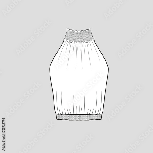 Smocked Halter high neck top Sleeveless Smocking detail on neck and bottom hem gathering Fashion t shirt top blouse clothing flat sketch technical drawing template design vector