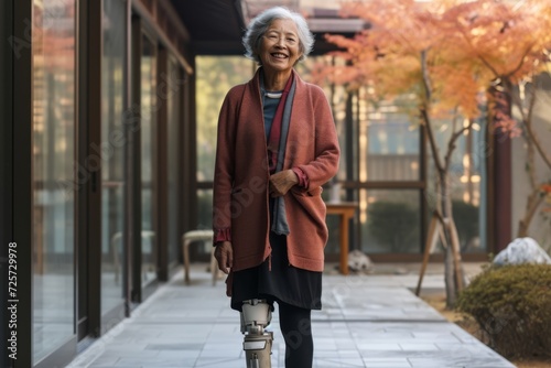 A smiling senior Asian woman walking with a cane, wearing a warm terracotta coat against a modern building with autumn foliage in the background.