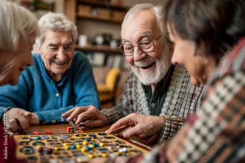 A senior man with a white beard and glasses joyfully plays a board game with elderly companions in a bright, homely living room, exuding warmth and happiness.