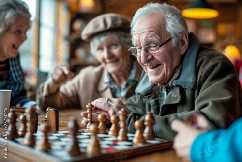 A group of senior friends shares a delightful moment over a game of chess, with a man in glasses smiling widely, in a cozy, warmly lit indoor setting.