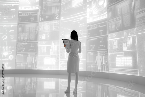 woman with futuristic data grafics photo