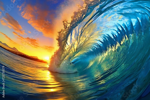 Surfer on Blue Ocean Wave at Sunset,  Beautiful Nature Background #725730579