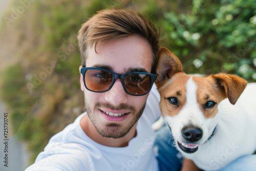 Happy Man in Sunglasses Taking a Selfie with a Smiling Jack Russell Terrier Outdoors © Maria