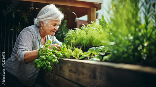 Elderly woman looking at aromatic herbs in a wooden raised bed with fresh green herbs standing on a balcony garden