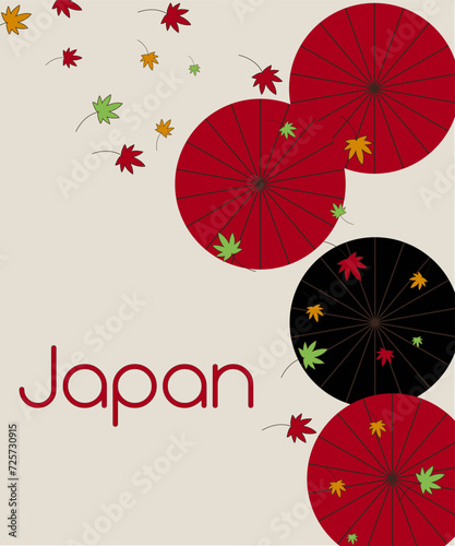Japanese umbrellas. Banner with Japanese theme. Autumn in Japan. Umbrellas and and maple leaves. Leaf fall. Vector illustration. Eps 10