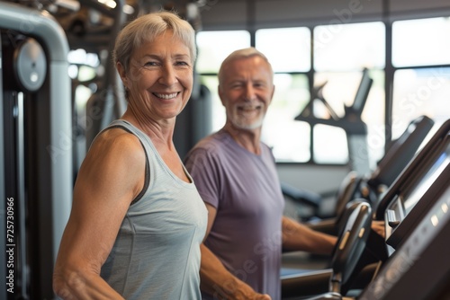 Smiling Elderly Couple Staying Fit Together on Treadmills
