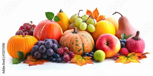 Assorted fruits and vegetables neatly arranged on a white surface. Perfect for healthy eating concepts and grocery store promotions