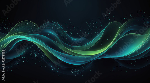 Abstract background with green waves and particles. AI